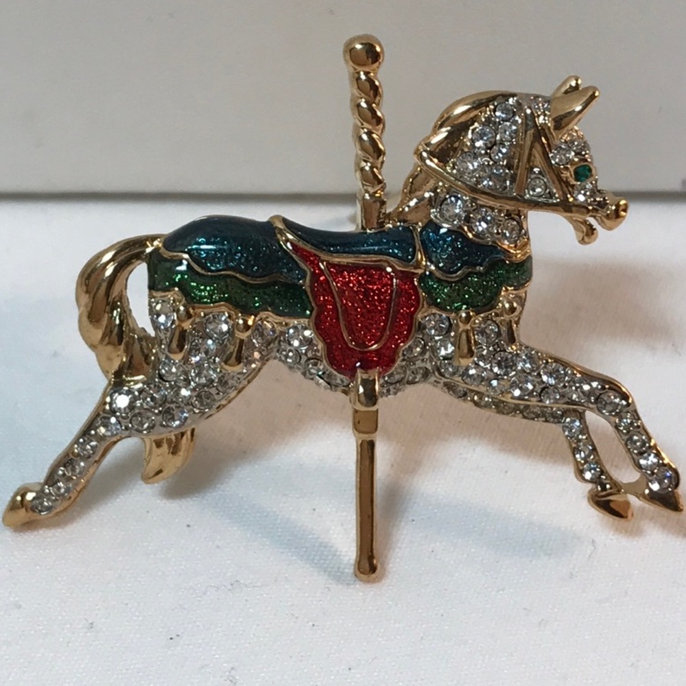 Carnival pony brooch, gold tone, 2 in length, green and red colors